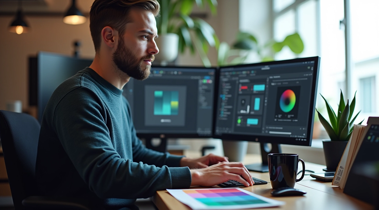 Professional designer working on theme implementation with multiple monitors
